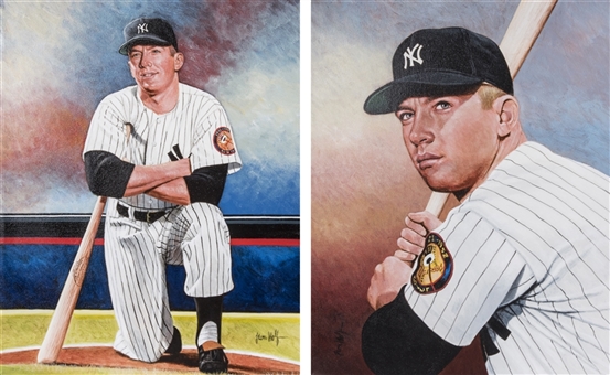 Lot of (2) Mickey Mantle Original 16x20 Stretch Canvas Artwork by Leon Wolf